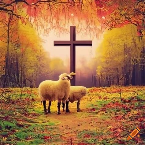 Fall Background With A Christian Cross And Lambs On Craiyon