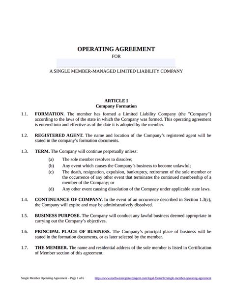 Free Single Member Llc Operating Agreement Template