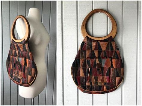 Vintage Leather Patchwork Handbag With Wooden Handle 1970s Etsy