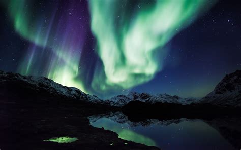 Aurora Borealis Northern Lights Night Green Stars Mountains Landscape