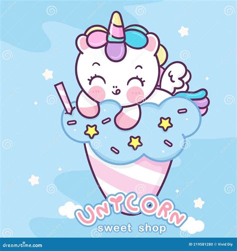 Flat Unicorn Logo Cartoon Pegasus Pony Child Kawaii Animals Ice Cream