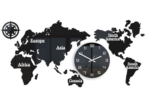 Large Wall Clock World Map Silent Black Clock With