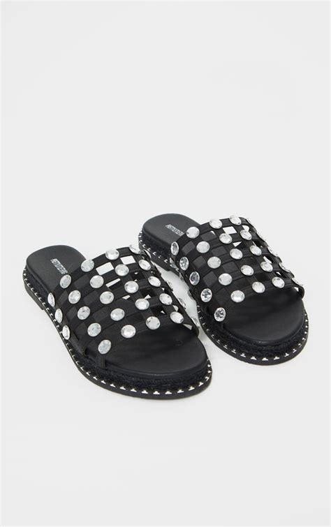 Black Diamante Studded Slider Shoes Prettylittlething