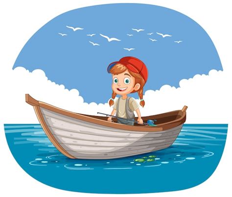 Free Vector Happy Girl Fishing On Wooden Boat