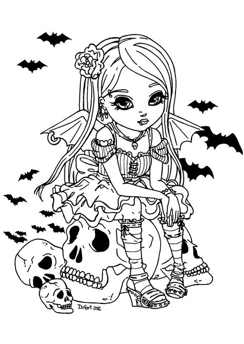 Harvest pumpkins and smiling jack o'lanterns. Little Vampire girl - Halloween Adult Coloring Pages