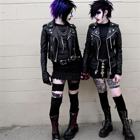 lesbian goth couple short hair mohawk boots kiss openart