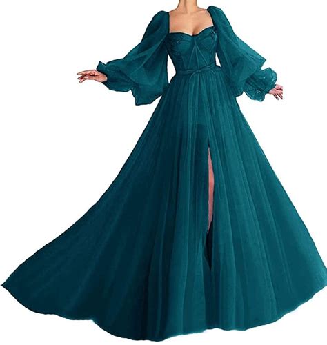 Tianzhihe Vintage Tulle Puffy Sleeve Prom Dress With Split Sweetheart