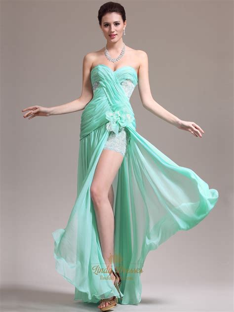 Mint Green Strapless Chiffon Split Front Prom Dress With Applique