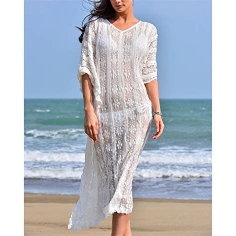 Mg Collection White Lace Boho Style Long Swimsuit Coverupv Neck Beach