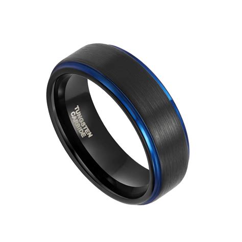 Black And Blue Mens Tungsten Carbide Wedding Rings With Brushed Center In Tungsten