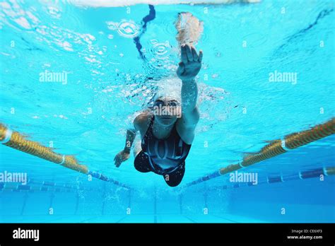 Woman Swimming In Pool Underwater Stock Photo Alamy
