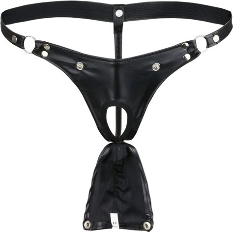 Iefiel Mens Black Leather Bikini G String Thong Lingerie