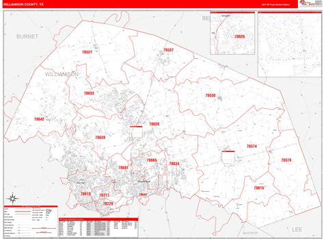 Williamson County Tx Zip Code Wall Map Red Line Style By Marketmaps
