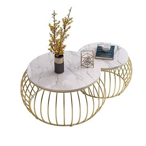 Modern Round Coffee Table Sets With Marble Top And Metal Frame 2 Piece White