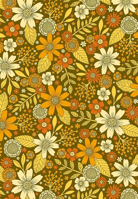 An Orange And Yellow Floral Pattern On A Brown Background With Leaves