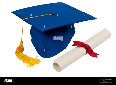Blue Graduation Hat With Yellow Tassel And Diploma Isolated On White