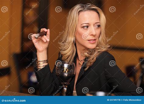 Woman Smoking A Cigar Stock Photo Image Of Glass Happy 23749778