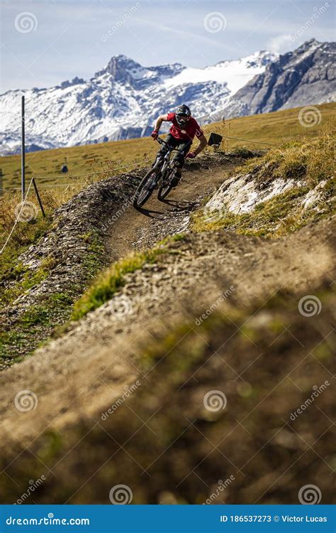 Mountain Biking In A Swiss Alpine Bike Park Editorial Stock Photo
