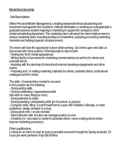 Use the it intern job description sample below as a template. FREE 10+ Marketing Intern Job Description Samples in MS ...
