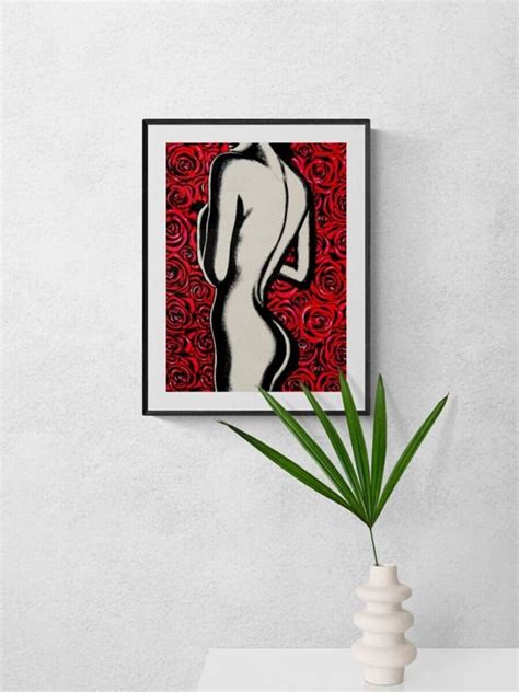 Nude With Red Roses Wall Art Print Charcoal Nude Amongst Red Etsy