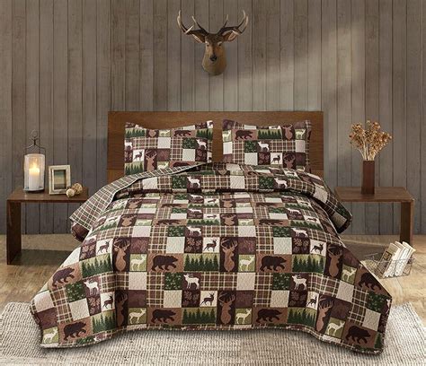 Rustic Deer Elk Lodge Cabin Quilted Bedding Set Bear Reversible Full
