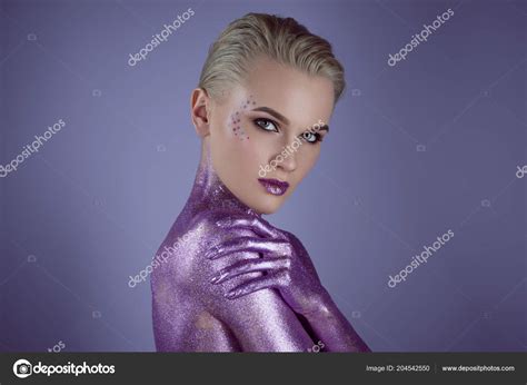Fashionable Girl Posing Purple Glitter Isolated Violet Stock Photo By Igorvetushko