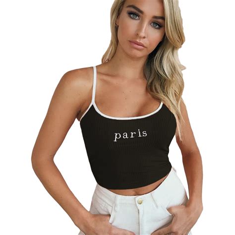 2018 sexy women crop top summer paris letter embroidery crochet cropped strap tank tops ladies