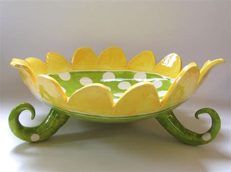 Whimsical Colorful Pottery Serving Dish With Curly Legs Bright Sunny