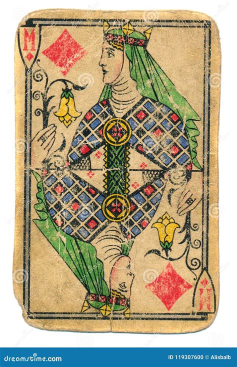 Old Used Playing Card Queen Of Diamonds Isolated Stock Photo Image Of