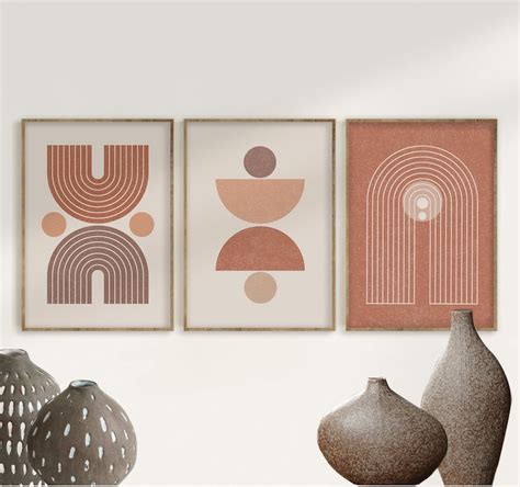 Mid Century Modern Art Print Set Of 3 Neutral Geometric Wall Etsy