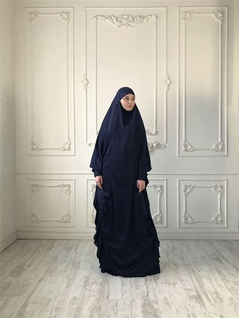 Navy Blue Long Silk Khimar Elegant Green Muslim Dress Burqadubai