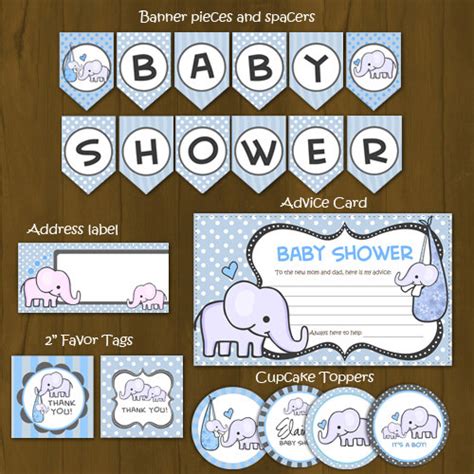 The file contains crop marks for easy cutting. Light Blue Elephant Baby Shower Printable Package on Storenvy