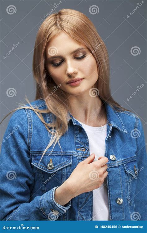 Beautiful Blonde Woman Dressed In A Denim Jacket Stock Image Image Of Hair European