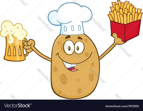 Potato Chef Cartoon Holding Fries And A Beer Vector Image