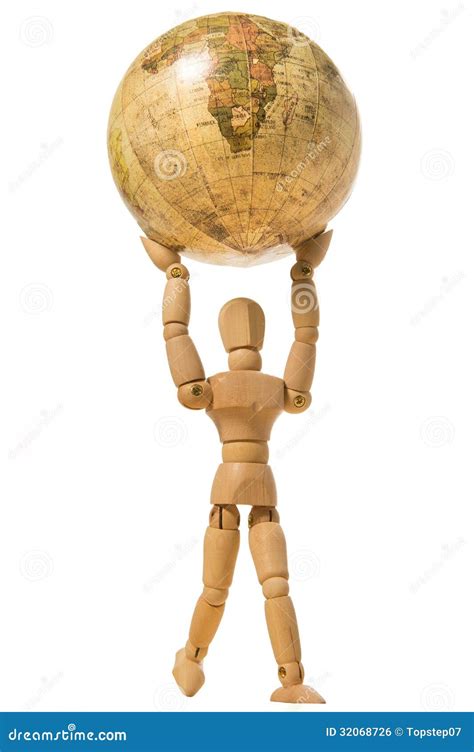 Wooden Human Model Hold The World Isolated On White Background Stock