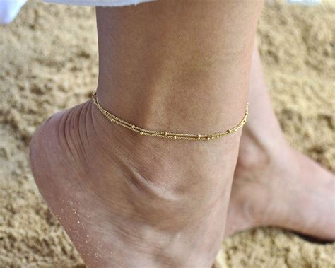 Women Gold Delicate Bead Double Foot Chain Adjustable Ankle Leg