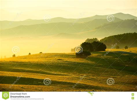 The Grassland Morning Fog And Hills Stock Photo Image Of Lawn