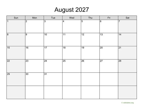 August 2027 Calendar With Weekend Shaded