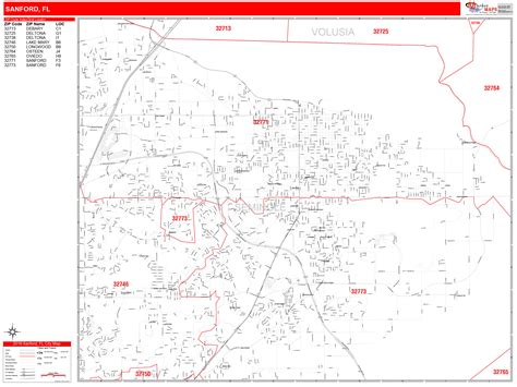 Sanford Florida Zip Code Wall Map Red Line Style By