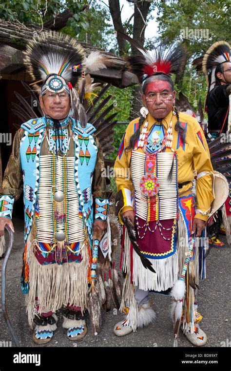 North American Plaims Native Indian In Traditional Dress At Pow Wow In