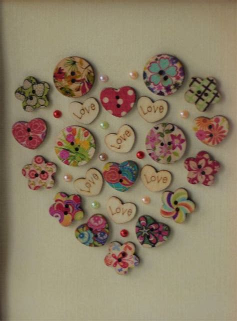 Love Heart Vintage Framed T Hand Made Button Artwork Wall Art