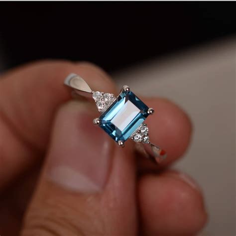 London Blue Topaz Ring Emerald Cut Gemstone Ring Sterling Etsy