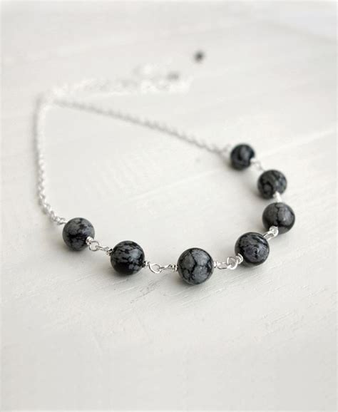 Snowflake Obsidian Necklace Black Grey Stone Necklace Etsy Stone