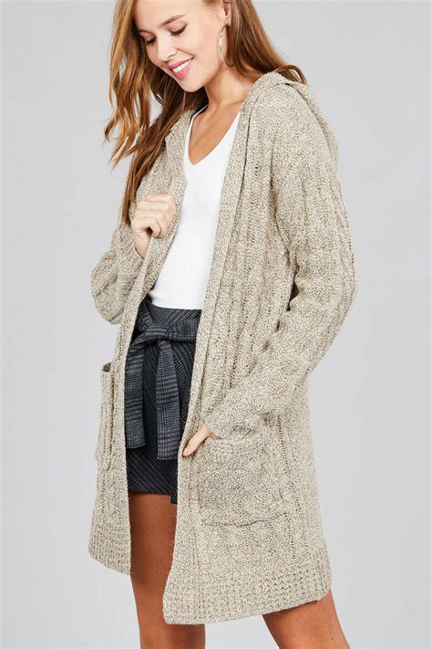 Womens Open Front Cable Knit Cardigan Sweater W Hoodie Pockets Long
