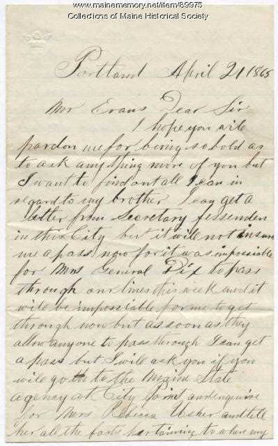 Request For Information On Soldiers Death Portland 1865 Maine