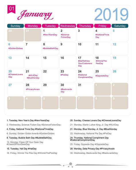 National Food Days Monthly Calendar Template Printable