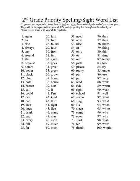 2nd Grade Sight Word List Printable Spelling Words List