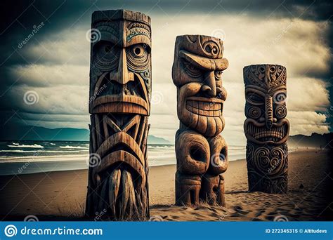 Wooden Statues Of Totems Idols Tiki Mask On Beach Stock Image Image Of Totem Native 272345315