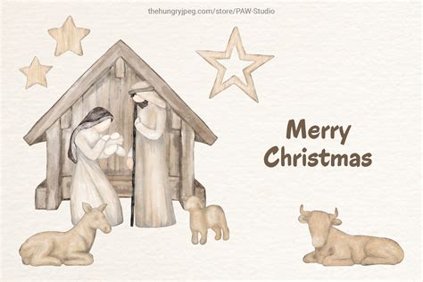 Religious Christmas Boho Clipart Nativity Watercolor