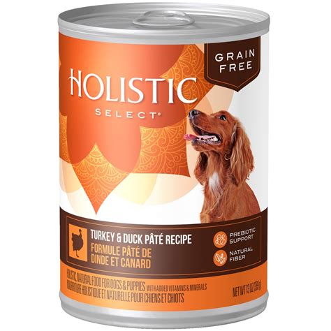 Pet parents can choose from a variety of holistic dog foods. Holistic Select Natural Grain Free Turkey & Duck Pate ...